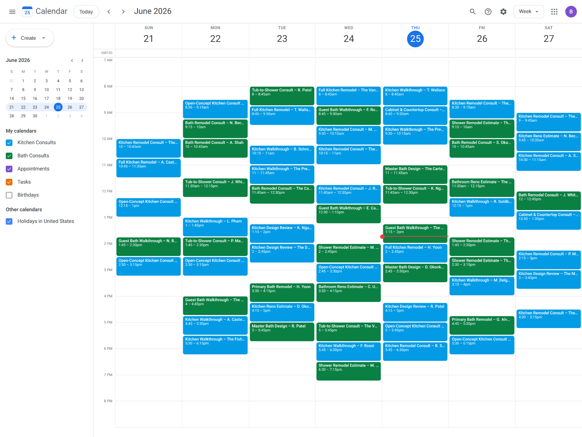 Packed calendar of kitchen and bath consults booked for our clients