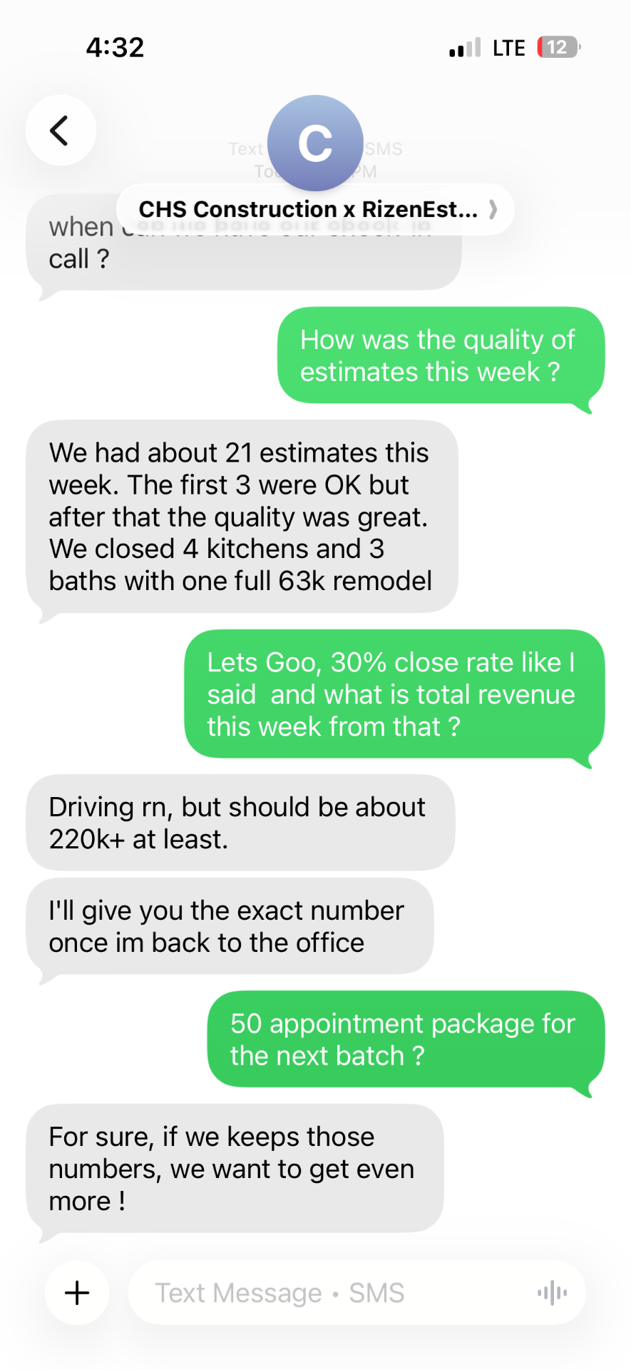 Client text — CHS Construction $220k+ week