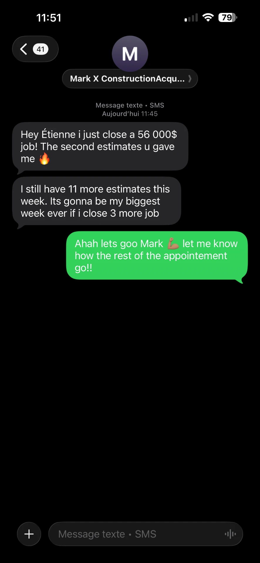 Client text — Mark closed a $56k job and has 11 more estimates this week